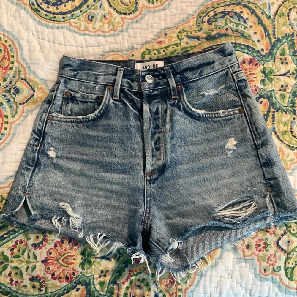 Agolde Blue Distressed Jean Shorts - Picture 1 of 3